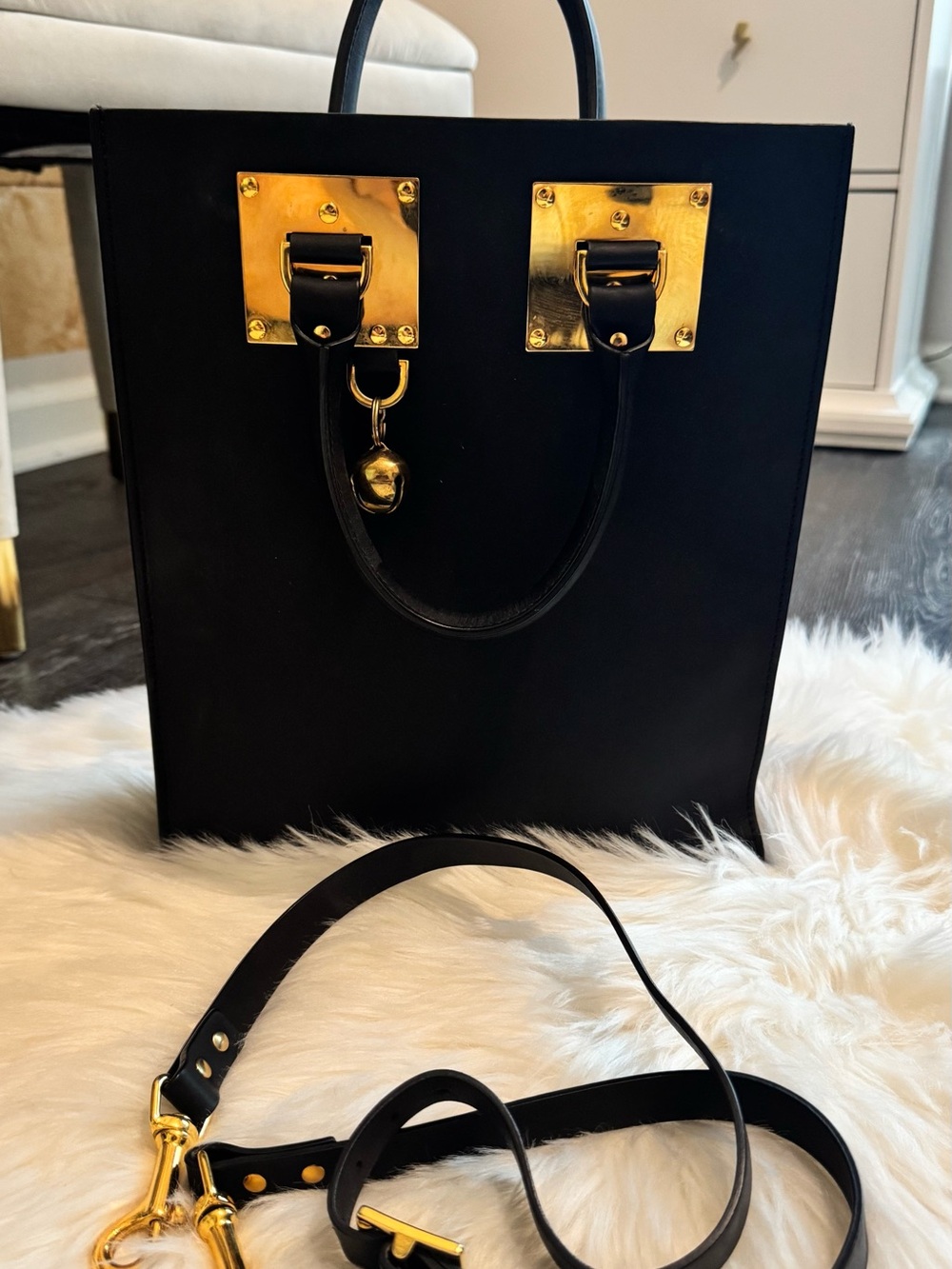 Sophie Hulme Black Leather Tote Bag Gold Hardware Charm